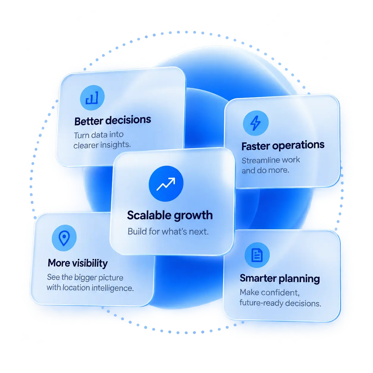Glass cards illustrating digital solution capabilities
